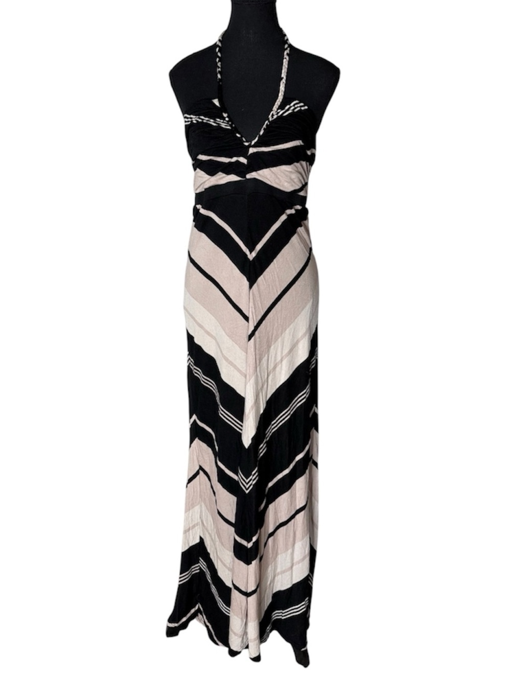 LE CHATEAU Chevron Pattern Sleeveless Halter Maxi Dress Braided Black Tan Large